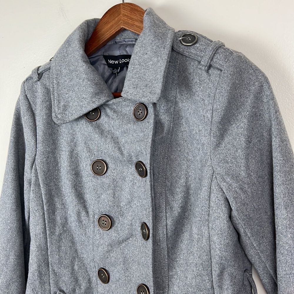 NWT New Look Girls Wool Blend Pea Coat Size L Gray Buttons Pockets - Picture 3 of 16